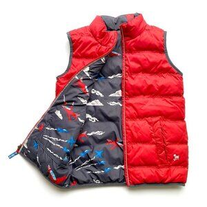 Mini Boden Reversible Puffer Vest 9/10 Red & Airplane Print